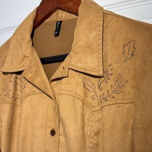 Faux Suede Western Embroidered Tan Button Down Shirt